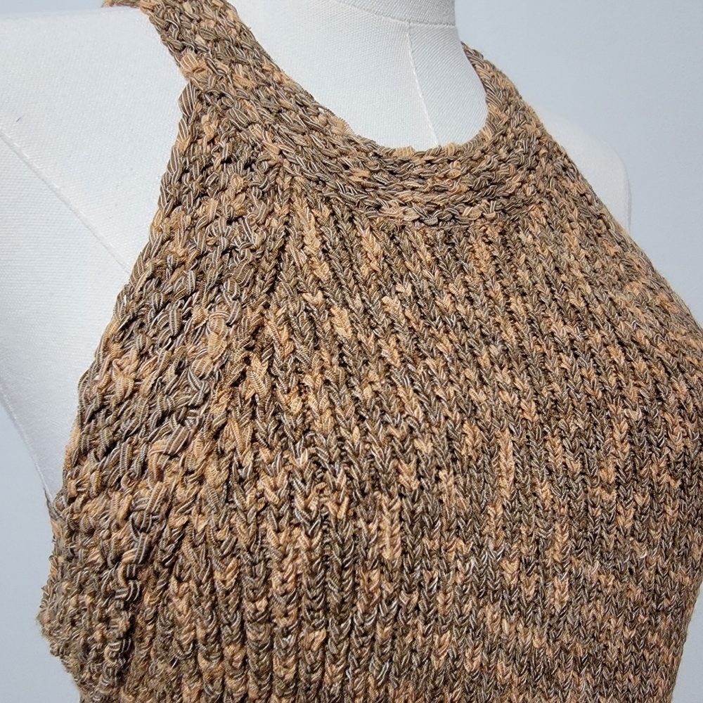 Marled Medium Boho Festival Knit High Neck Brown Neutral Tank Top - Picture 3 of 6